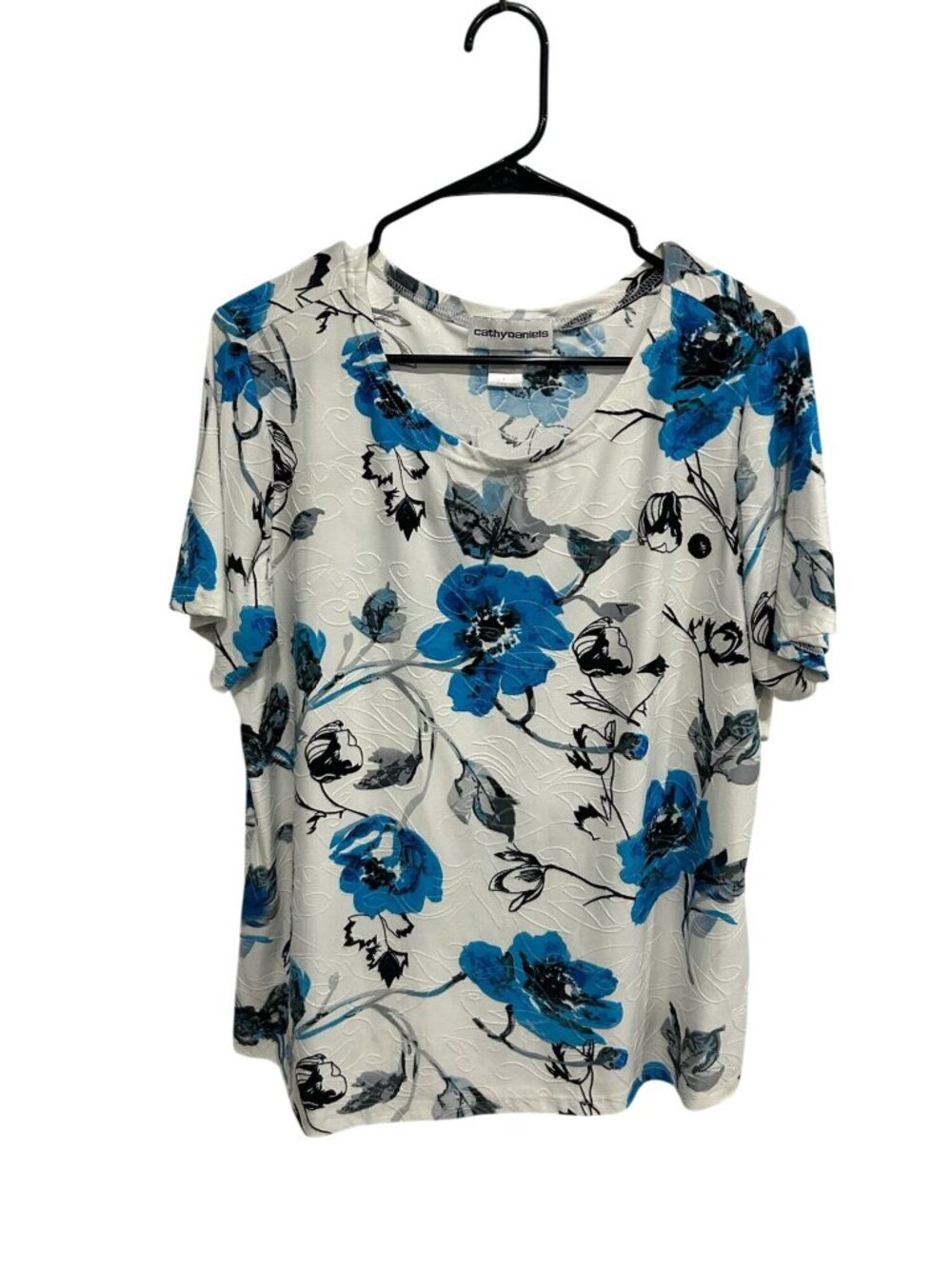 Cathy Daniels Large White Blue Floral Short Sleeve Top Textured Coastal Boho